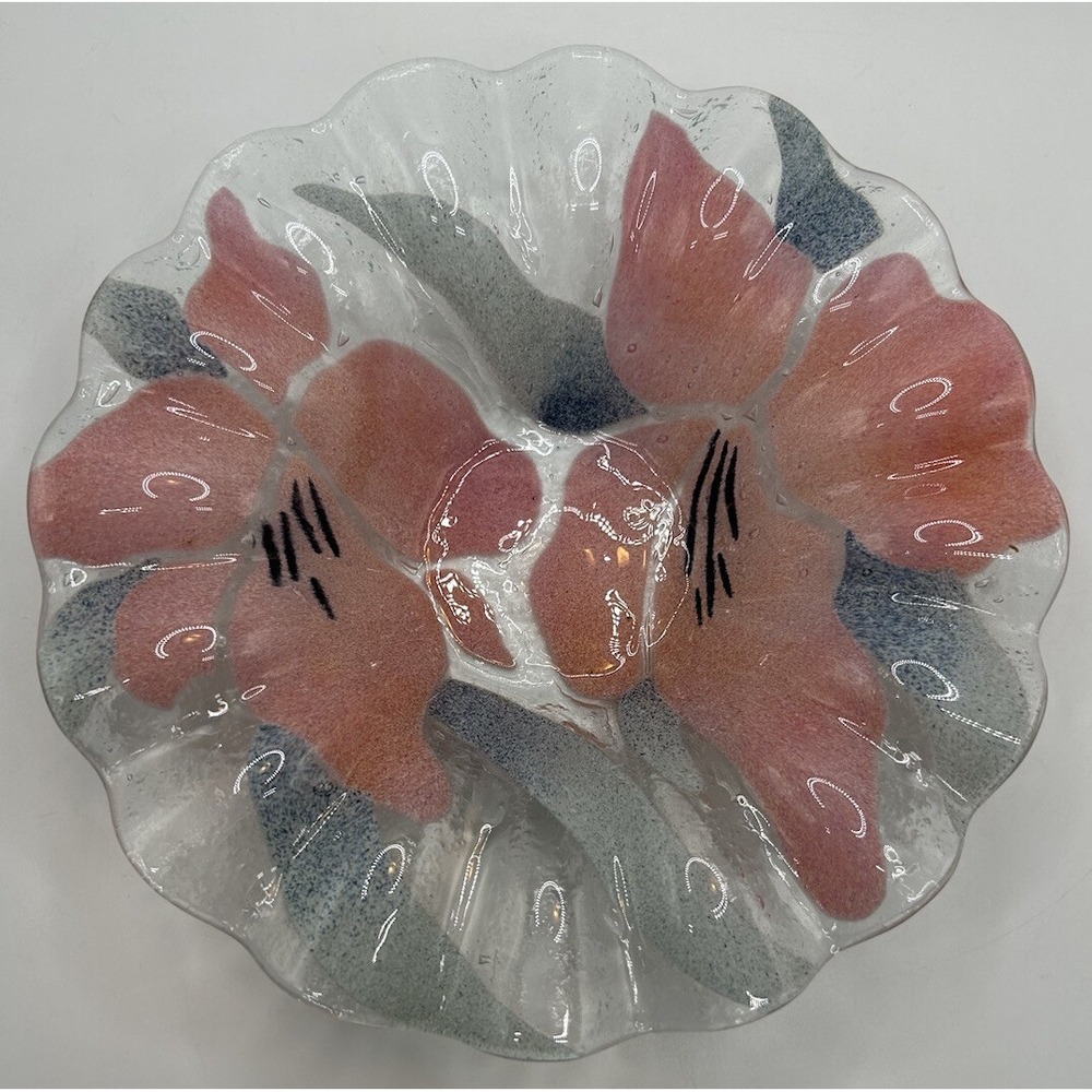 SYDENSTRICKER Fused Glass Fluted Small Bowl Pink Flowers Small Candy Dish‎ VTG